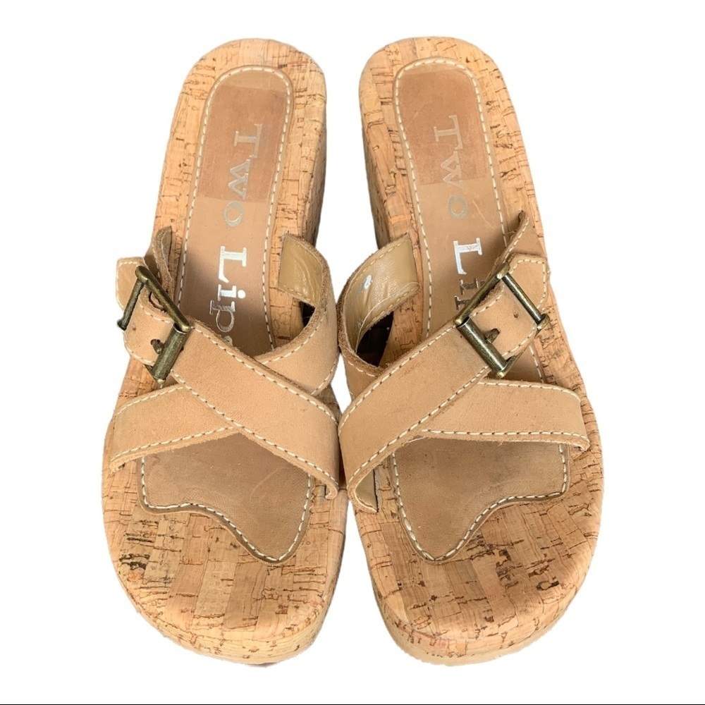 Two Lips Aloha Platform Wedge Sandals 7M Tan Leather Cork Buckle Slides